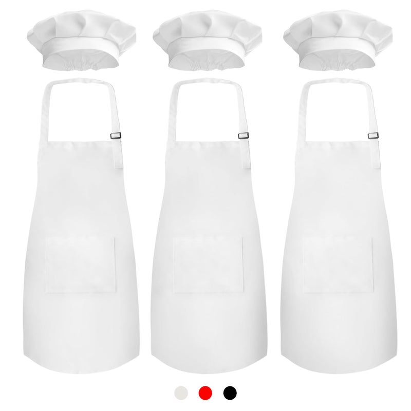 Novelty Place Kid's Apron with Chef Hat Set (3 Set) - Skin-friendly Childrenâ€™s Bib with Pocket - Cooking, Baking, Painting, Training Wear - Kid's Size (6-12 Year, White) - Image 1